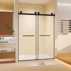 Frameless Double Sliding  Shower Door 56-60 "W x 74" H, 5/16 "(8mm) Tempered Glass, Explosion Proof Film, Stainless Steel Handle, Square Tube Track, Matte Black