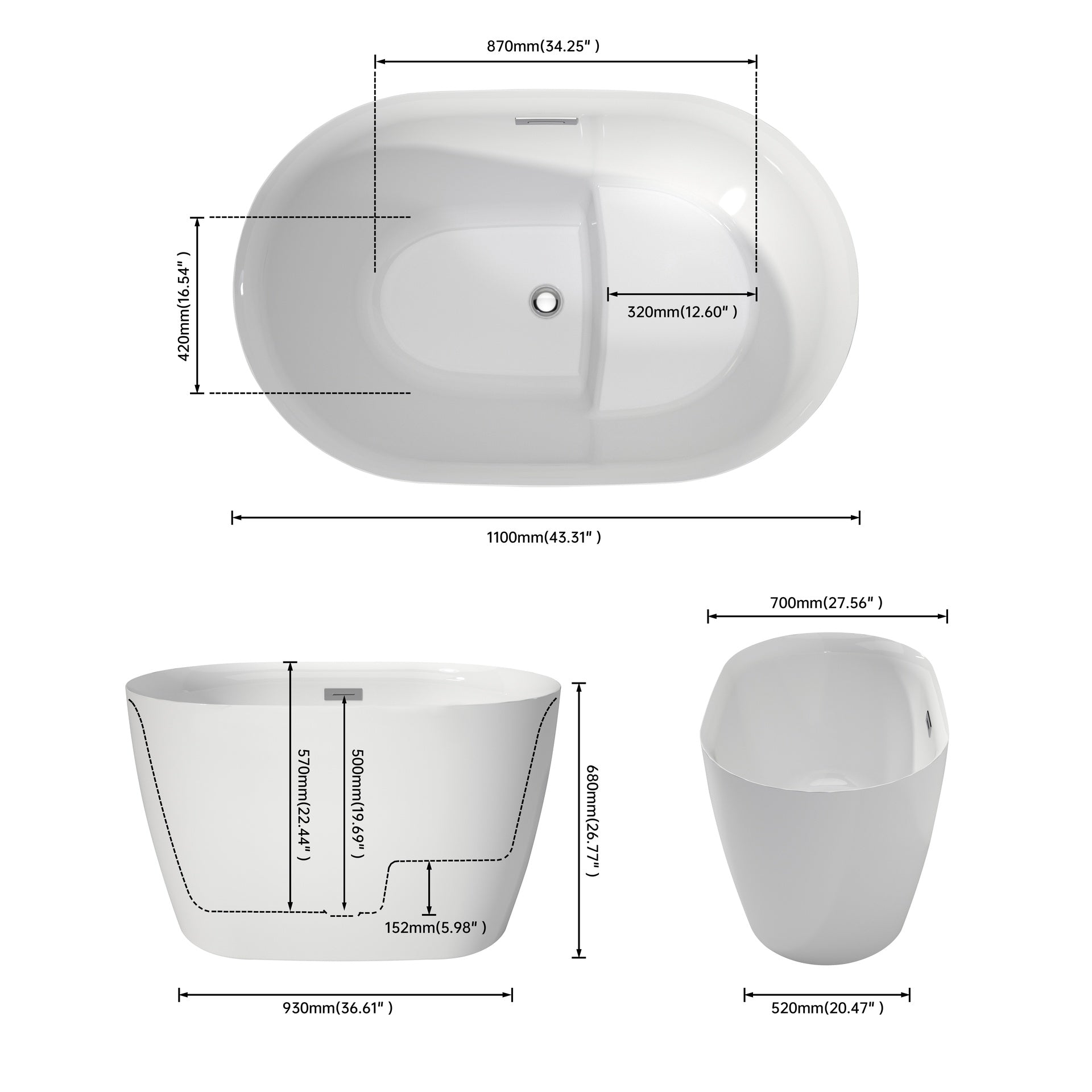 43" Premium Acrylic Free Standing Bath tubs Modern Soaker Tub with seat in White