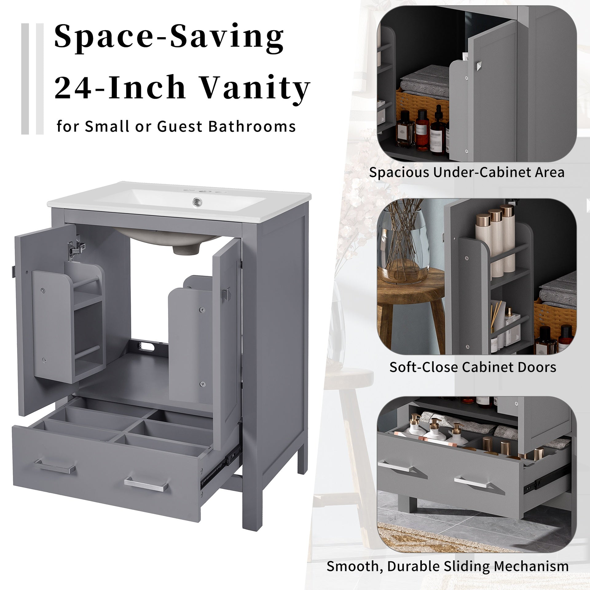 24-inch  bathroom vanity with integrated undermount basin and a storage cabinet featuring 2 doors and 1 drawer. Includes double-layer door shelf, soft-close design, and versatile storage solutions