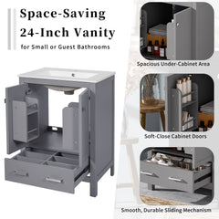 24-inch  bathroom vanity with integrated undermount basin and a storage cabinet featuring 2 doors and 1 drawer. Includes double-layer door shelf, soft-close design, and versatile storage solutions