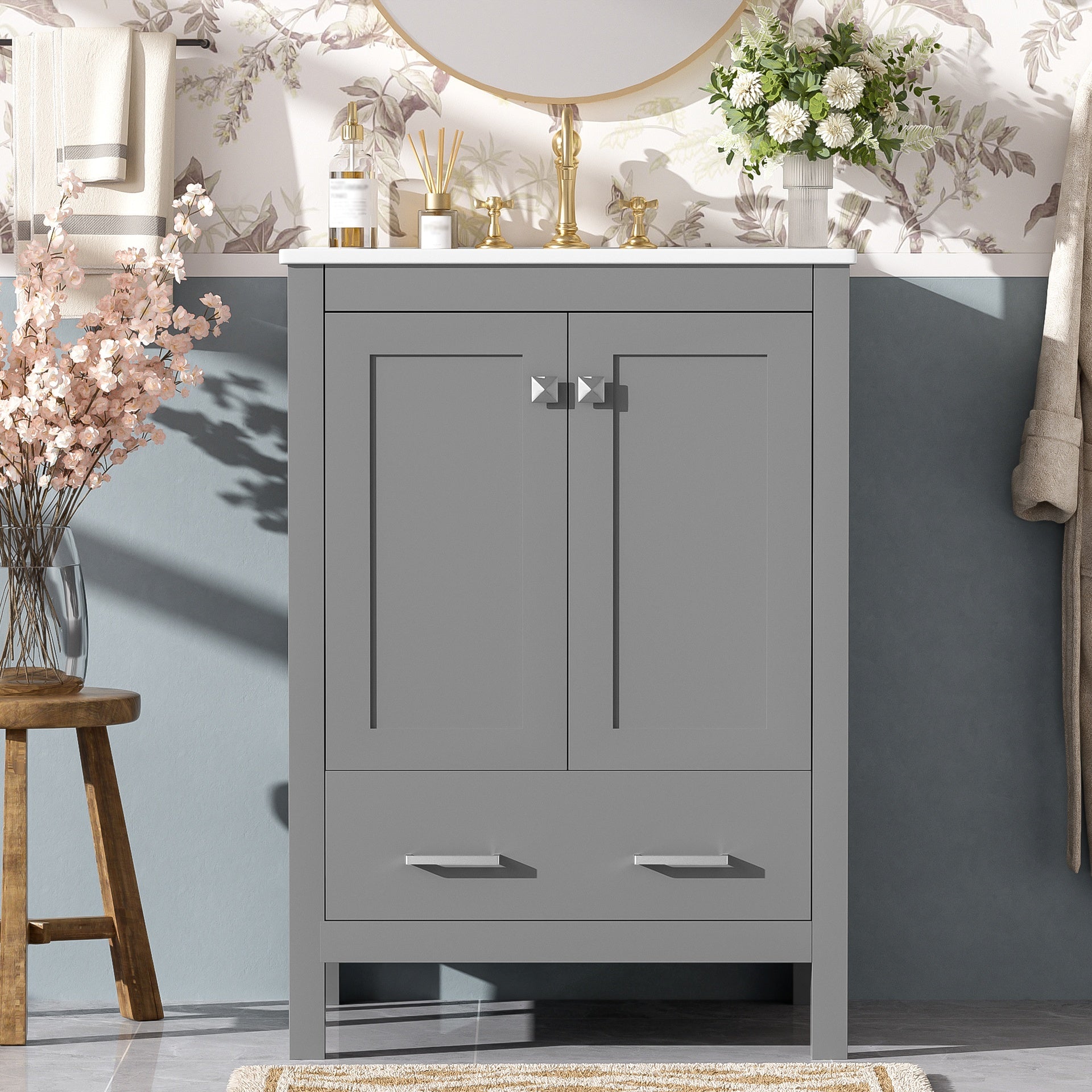 24-inch  bathroom vanity with integrated undermount basin and a storage cabinet featuring 2 doors and 1 drawer. Includes double-layer door shelf, soft-close design, and versatile storage solutions