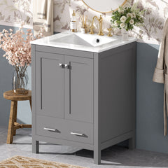 24-inch  bathroom vanity with integrated undermount basin and a storage cabinet featuring 2 doors and 1 drawer. Includes double-layer door shelf, soft-close design, and versatile storage solutions