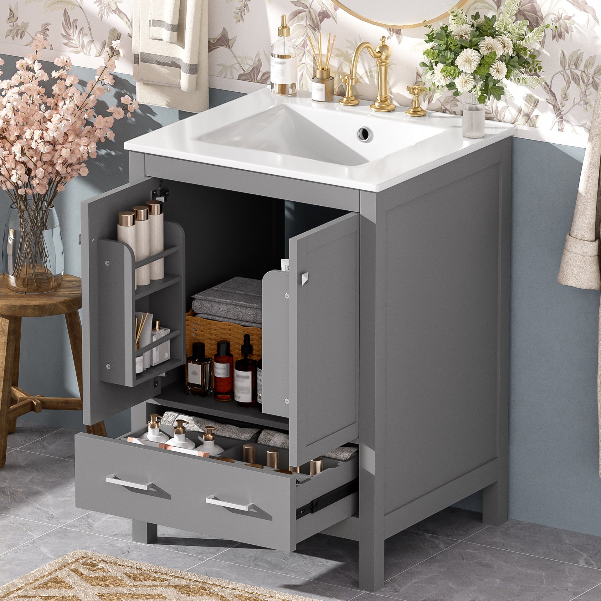 24-inch  bathroom vanity with integrated undermount basin and a storage cabinet featuring 2 doors and 1 drawer. Includes double-layer door shelf, soft-close design, and versatile storage solutions