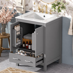 24-inch  bathroom vanity with integrated undermount basin and a storage cabinet featuring 2 doors and 1 drawer. Includes double-layer door shelf, soft-close design, and versatile storage solutions