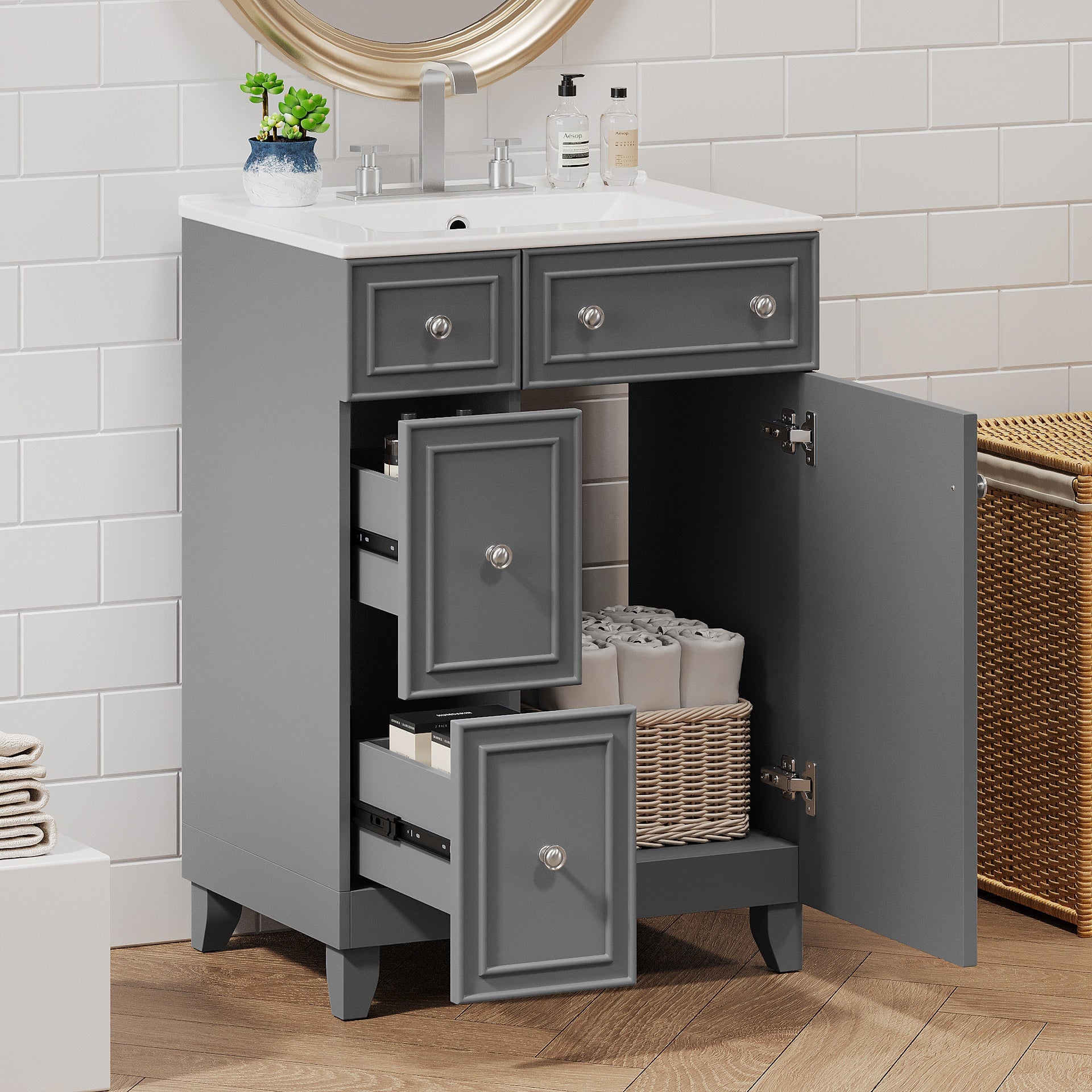 24" Gray Bathroom Vanity Cabinet with Ceramic Sink, 2 Drawers, 1 Soft-Close Door