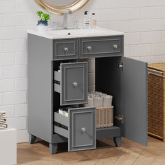 24" Gray Bathroom Vanity Cabinet with Ceramic Sink, 2 Drawers, 1 Soft-Close Door