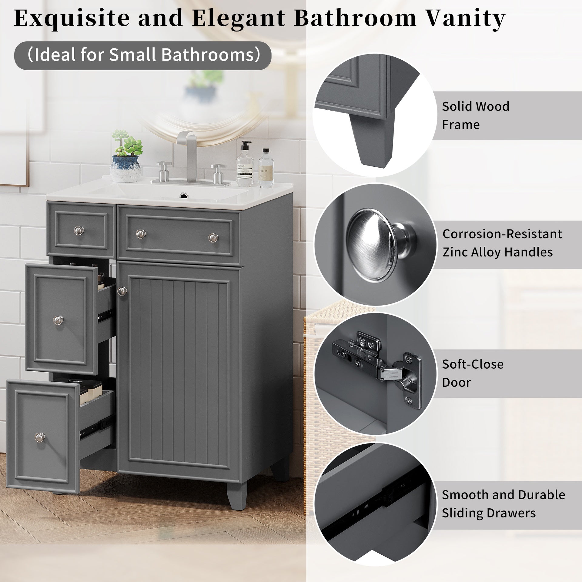 24" Gray Bathroom Vanity Cabinet with Ceramic Sink, 2 Drawers, 1 Soft-Close Door