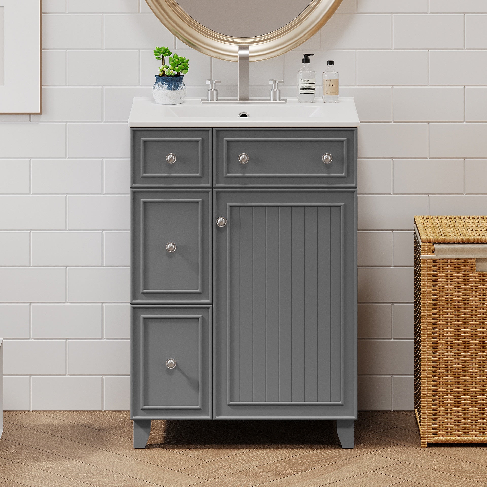 24" Gray Bathroom Vanity Cabinet with Ceramic Sink, 2 Drawers, 1 Soft-Close Door