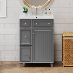 24" Gray Bathroom Vanity Cabinet with Ceramic Sink, 2 Drawers, 1 Soft-Close Door