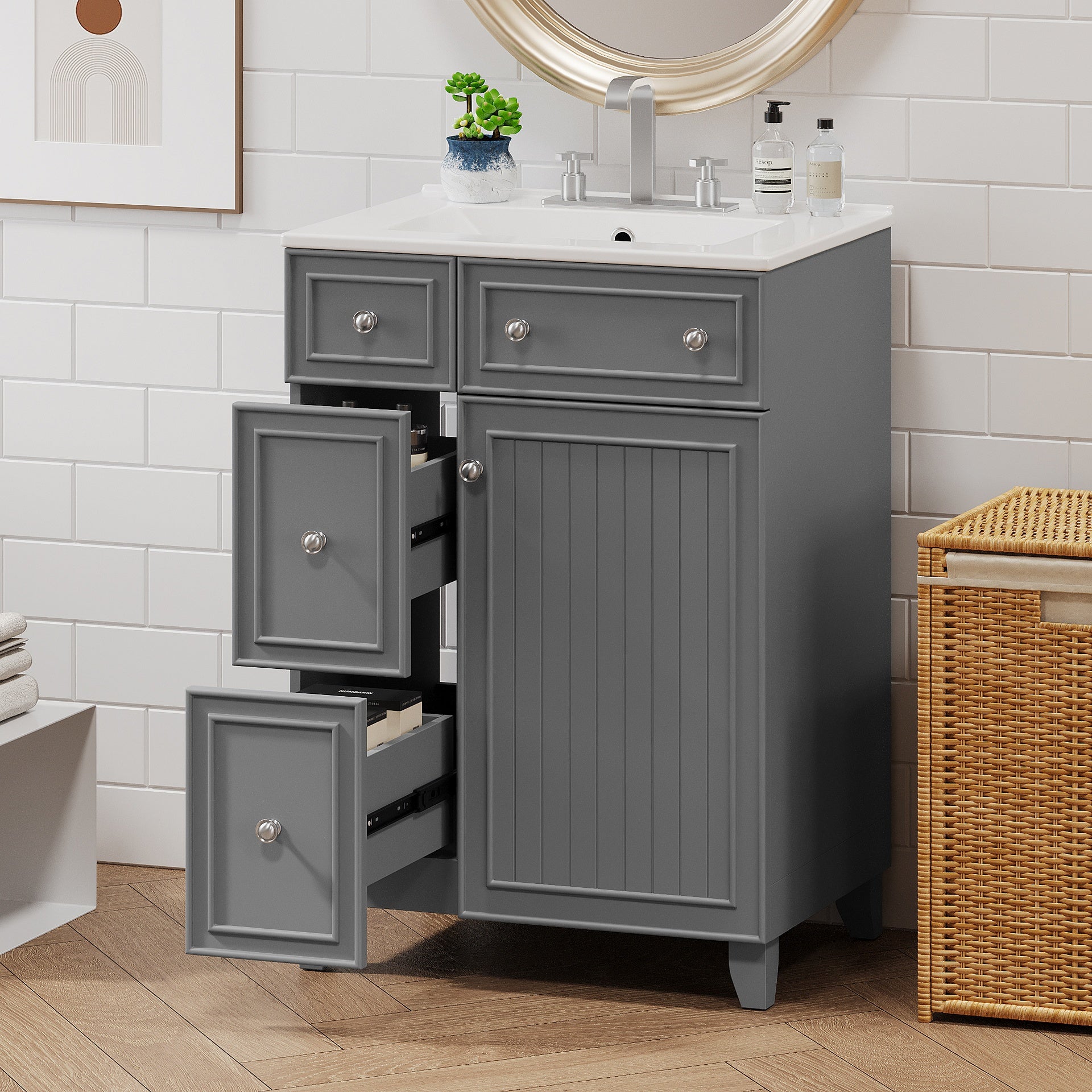 24" Gray Bathroom Vanity Cabinet with Ceramic Sink, 2 Drawers, 1 Soft-Close Door