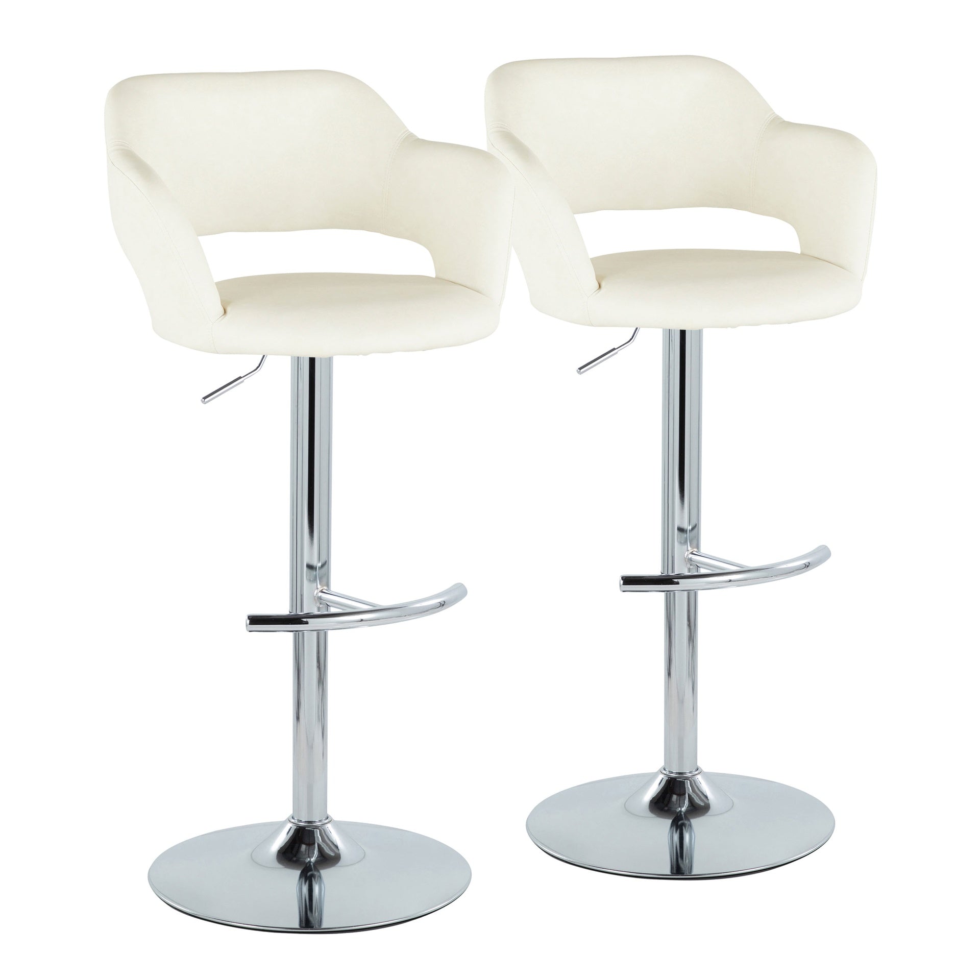 Margarite Contemporary Ajustable Barstool with Swivel in Chrome Metal and Cream Faux Leather with Rounded T Footrest by LumiSource - Set of 2