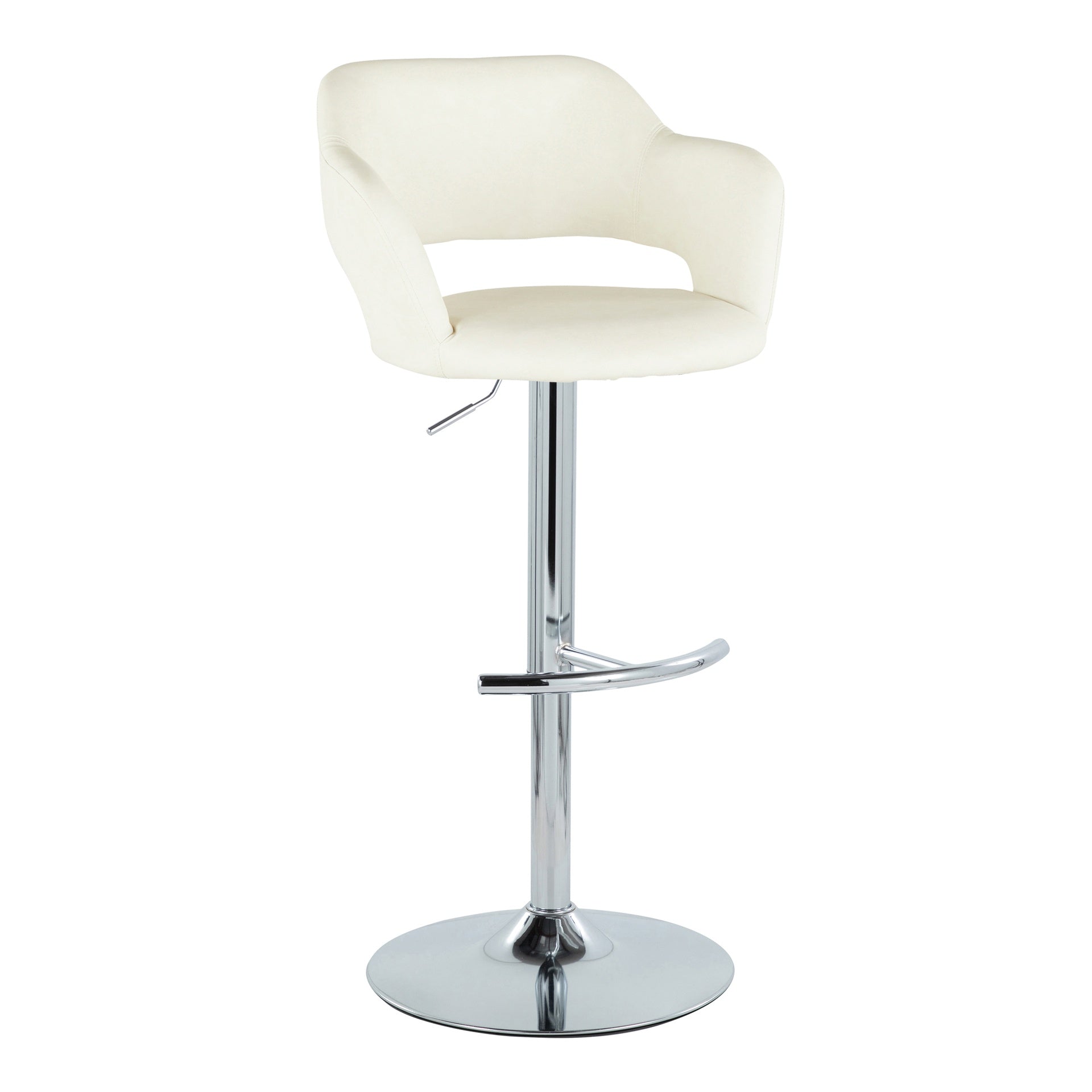 Margarite Contemporary Ajustable Barstool with Swivel in Chrome Metal and Cream Faux Leather with Rounded T Footrest by LumiSource - Set of 2