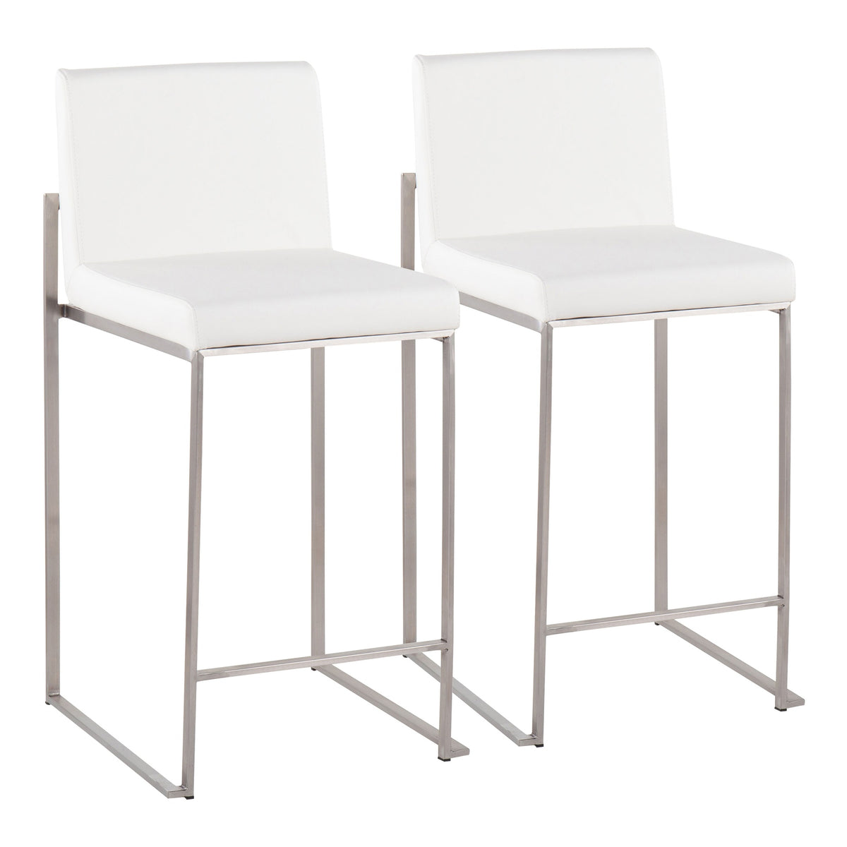 Fuji Contemporary High Back Counter Stool in Stainless Steel and White Faux Leather by LumiSource - Set of 2