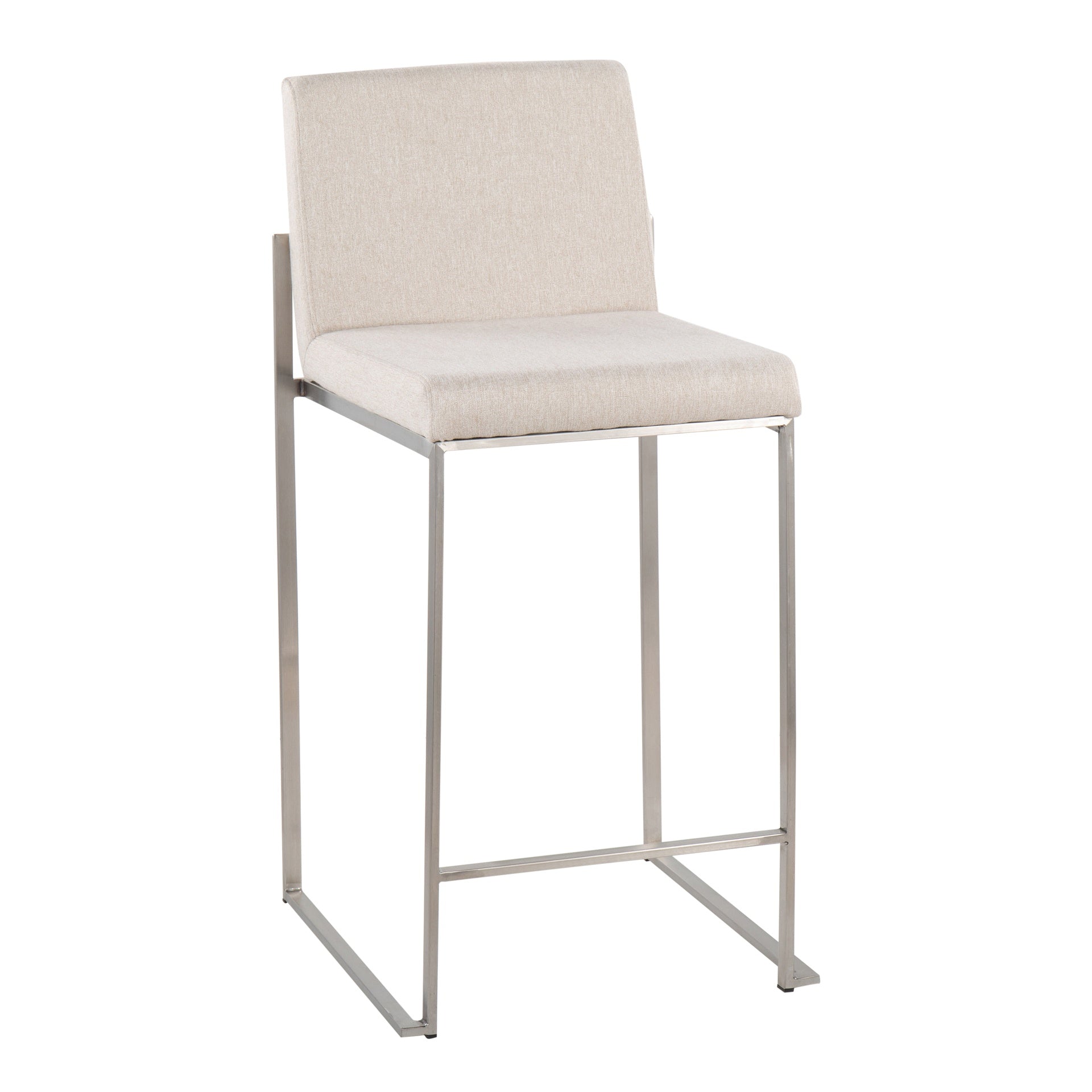 Fuji Contemporary High Back Counter Stool in Stainless Steel and Beige Fabric by LumiSource - Set of 2