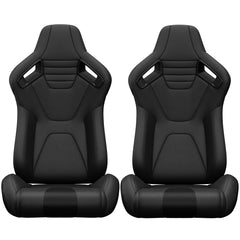 2PC New Universal Bucket Racing Seats Black Stitch Black PVC Leather Reclinable Carbon Look Leather Back With Adjustor Slider(Not Including Seat Bracket ) 1 box of 2 pieces