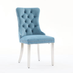 Nikki Collection Modern, High-end Tufted Solid Wood Contemporary Velvet Upholstered Dining Chair with Chrome Stainless Steel Plating Legs,Nailhead Trim,Set of ,Light Blue and Chrome, SW1701LB