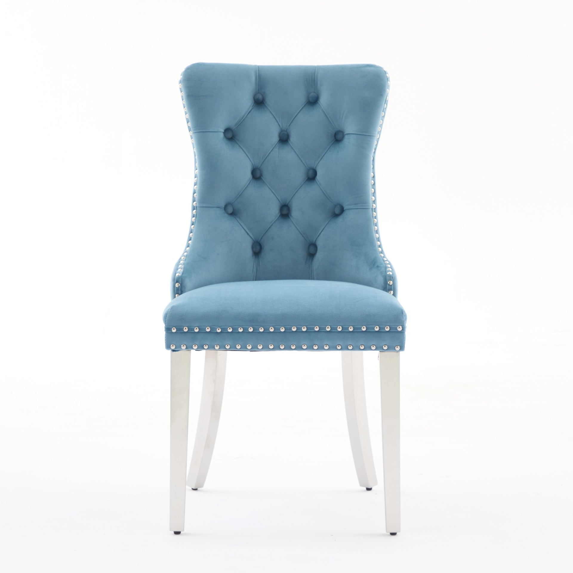 Nikki Collection Modern, High-end Tufted Solid Wood Contemporary Velvet Upholstered Dining Chair with Chrome Stainless Steel Plating Legs,Nailhead Trim,Set of ,Light Blue and Chrome, SW1701LB