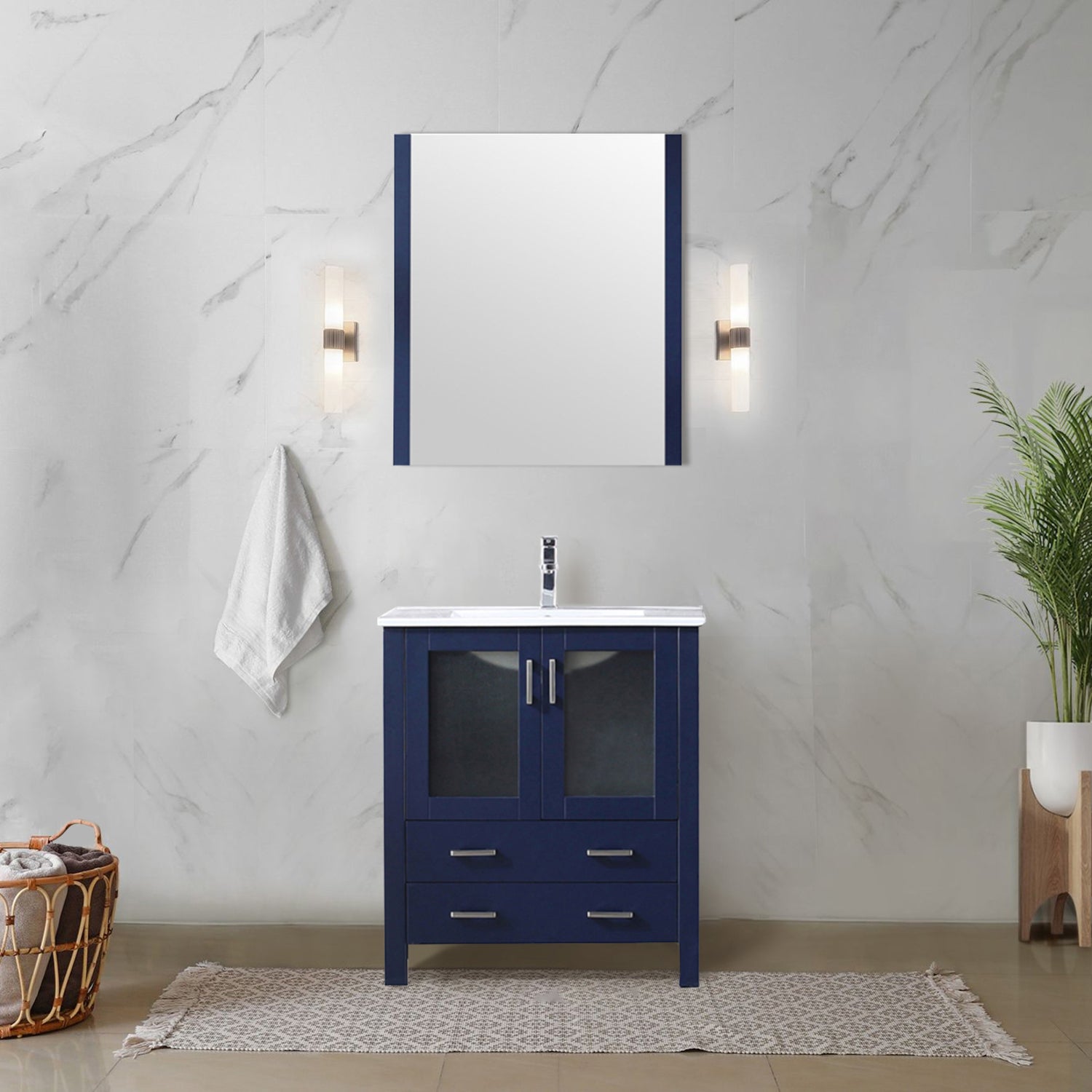 Navy Blue Bath Vanity 30 in. W x 18.25 in. D, with White Ceramic Top