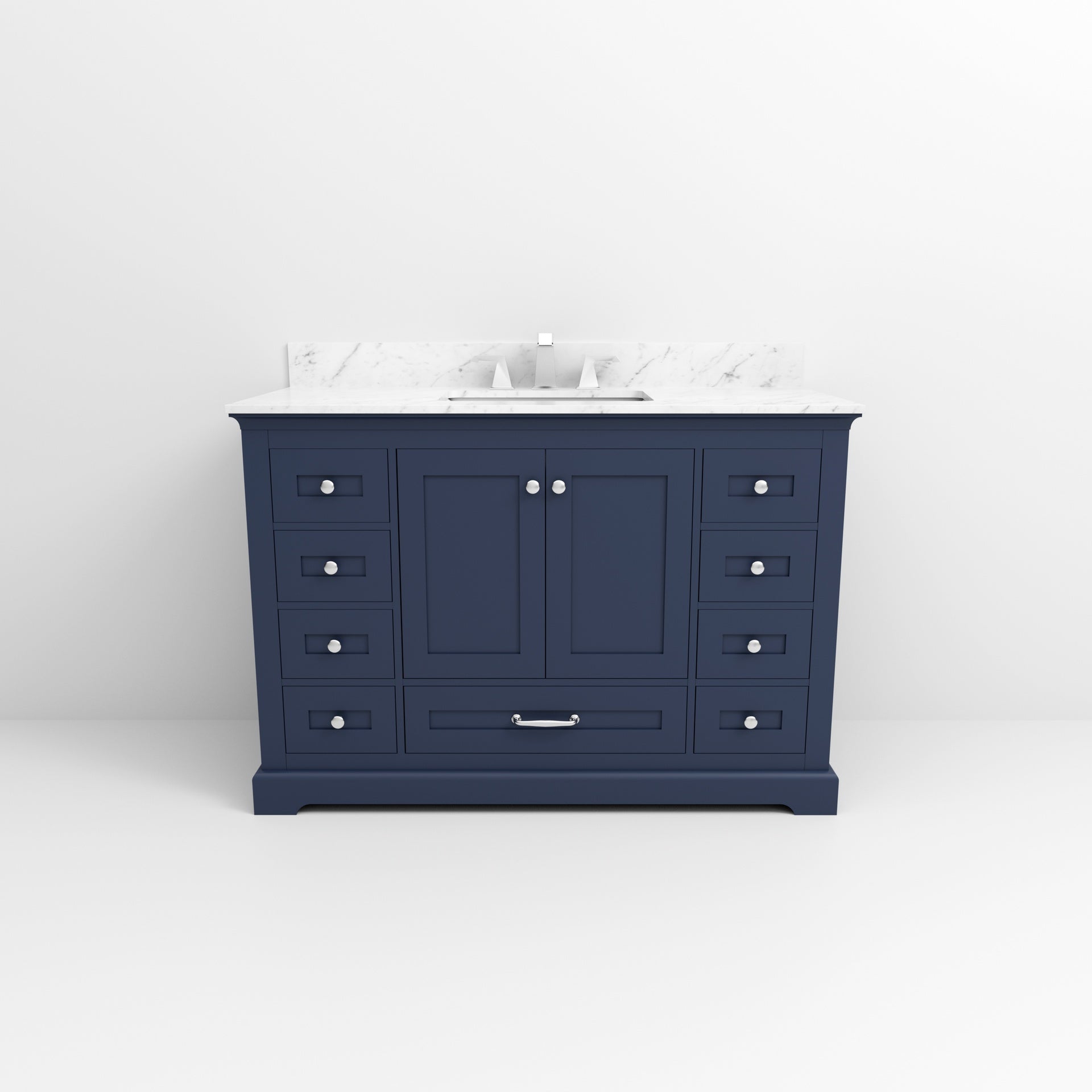 Navy Blue Single Bath Vanity 48 in. W x 22 in. D, Carrara Marble Top, and Faucet Set