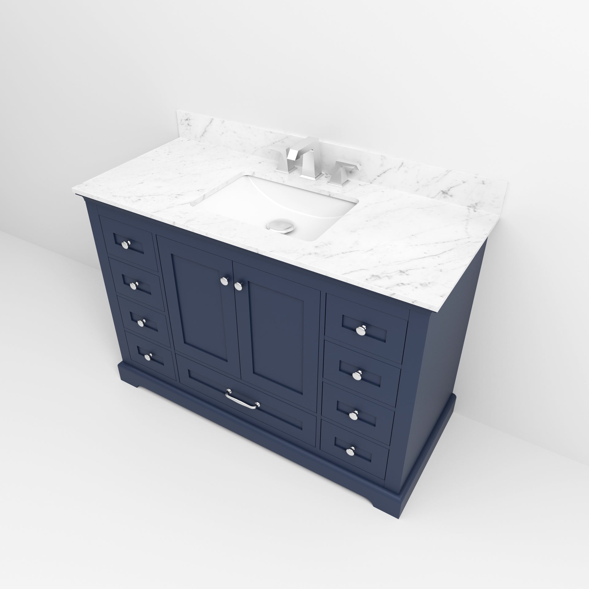 Navy Blue Single Bath Vanity 48 in. W x 22 in. D, Carrara Marble Top, and Faucet Set