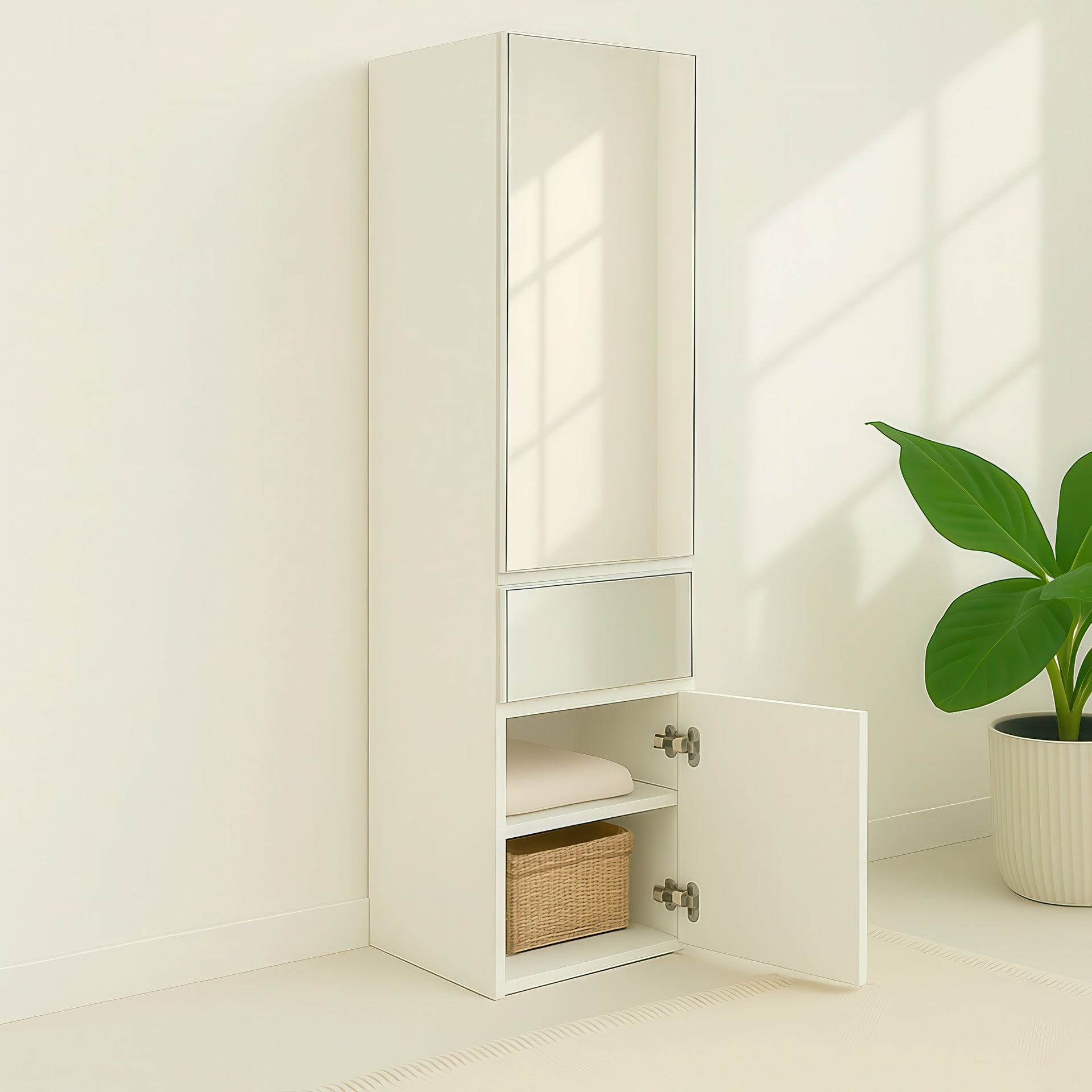 Elise Slim Modular Wood Closet Cabinet with Mirror in White