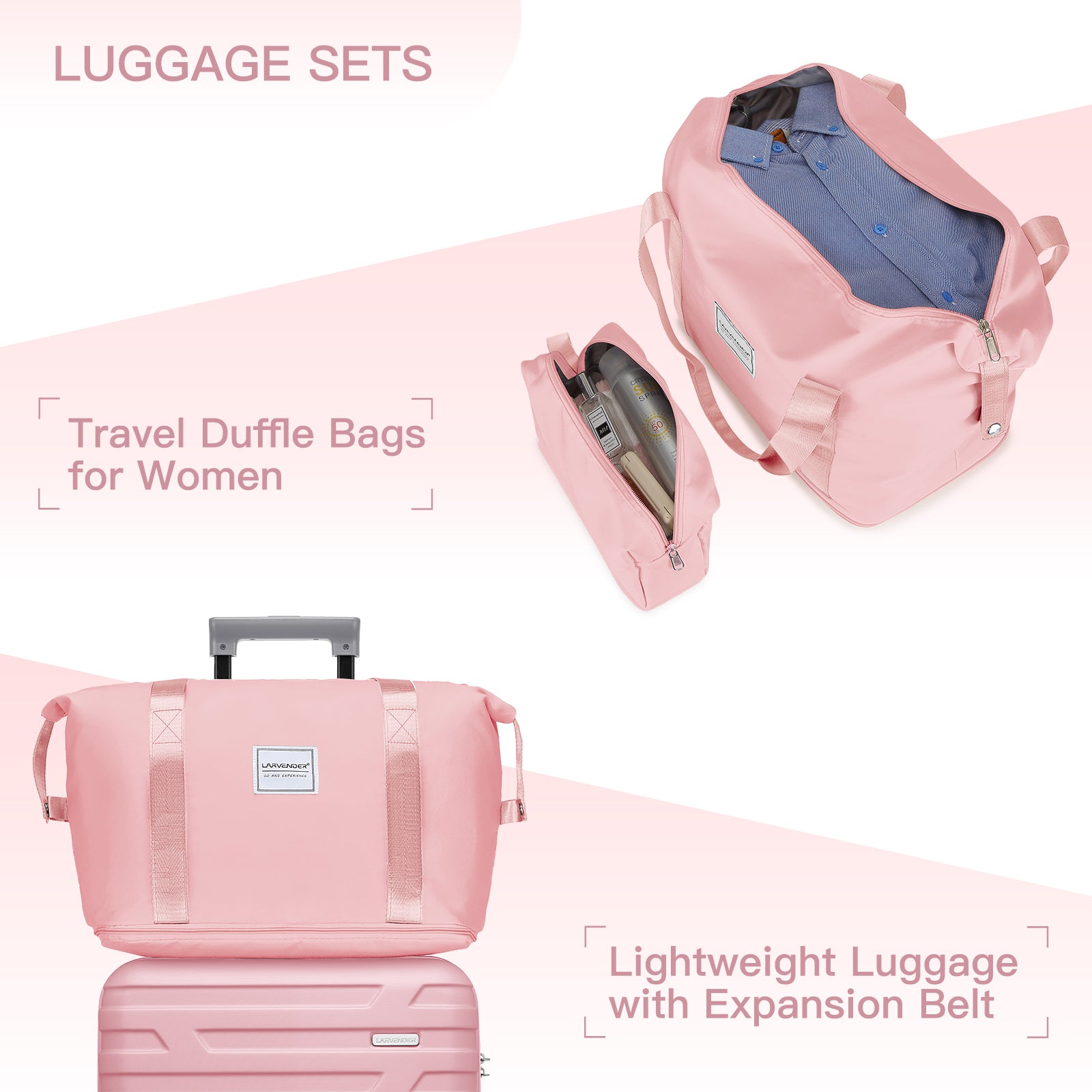Luggage Sets 6 Piece with Duffel Bags, Hardside Expandable Suitcases with Spinner Wheels, Pink