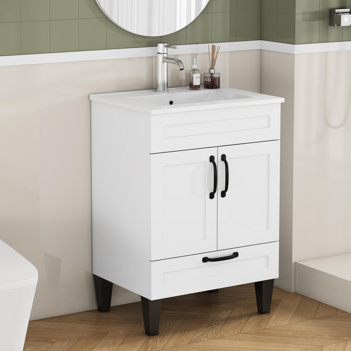24-inch Bathroom Vanity With Sink Combo,Cabinet With 2 Doors and 1 Big Drawer,Black Metal Handle,Black Feet,Soft Close Hinge,Mordern Bathroom Cabinet,Easy Assemble,White