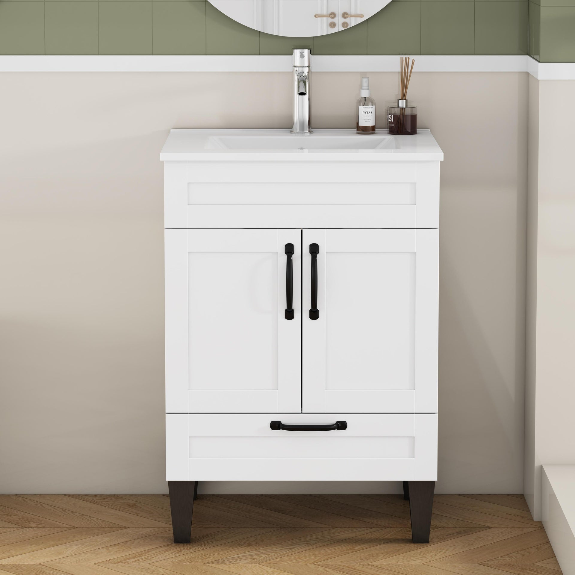 24-inch Bathroom Vanity With Sink Combo,Cabinet With 2 Doors and 1 Big Drawer,Black Metal Handle,Black Feet,Soft Close Hinge,Mordern Bathroom Cabinet,Easy Assemble,White