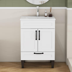24-inch Bathroom Vanity With Sink Combo,Cabinet With 2 Doors and 1 Big Drawer,Black Metal Handle,Black Feet,Soft Close Hinge,Mordern Bathroom Cabinet,Easy Assemble,White