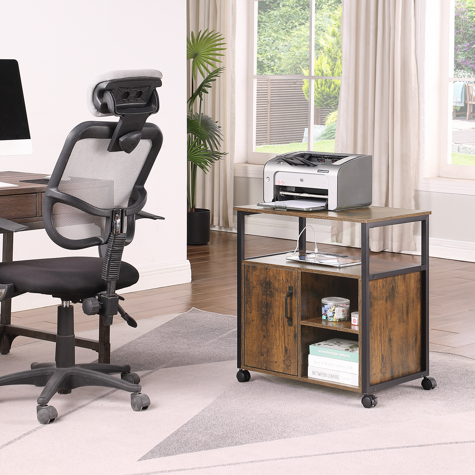 File Cabinet,Office Filing Cabinets with Socket and USB Charging Port,Printer Stand with Storage for A4, Letter Size,Metal Side Frame ,Easy Installationfor Home Office, Rustic Brown+Black