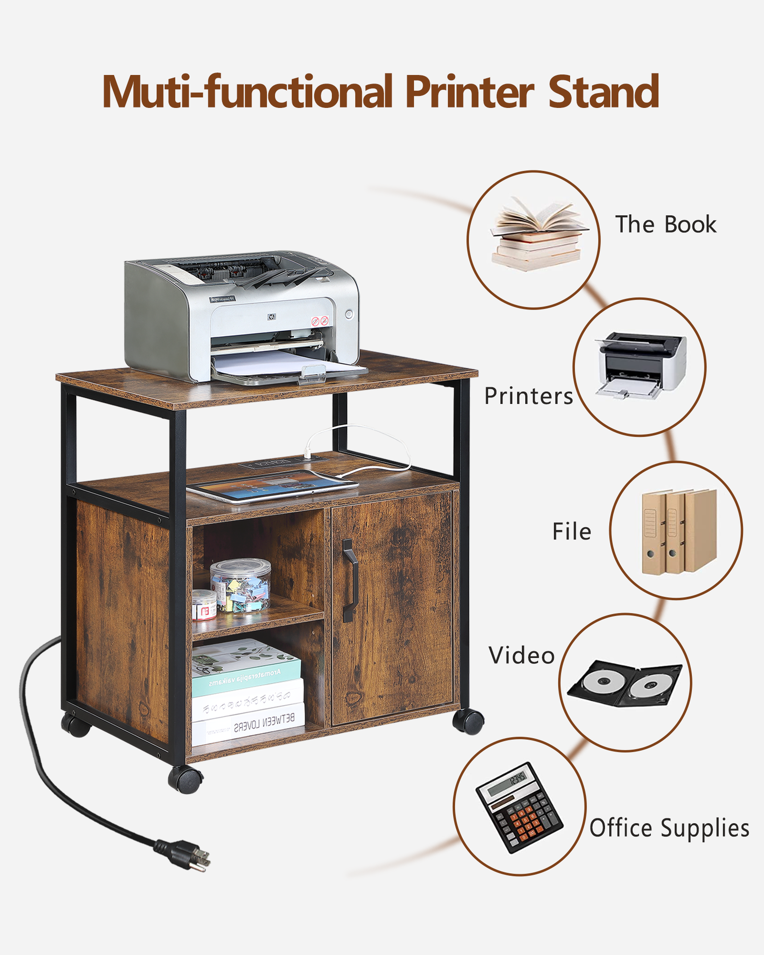 File Cabinet,Office Filing Cabinets with Socket and USB Charging Port,Printer Stand with Storage for A4, Letter Size,Metal Side Frame ,Easy Installationfor Home Office, Rustic Brown+Black