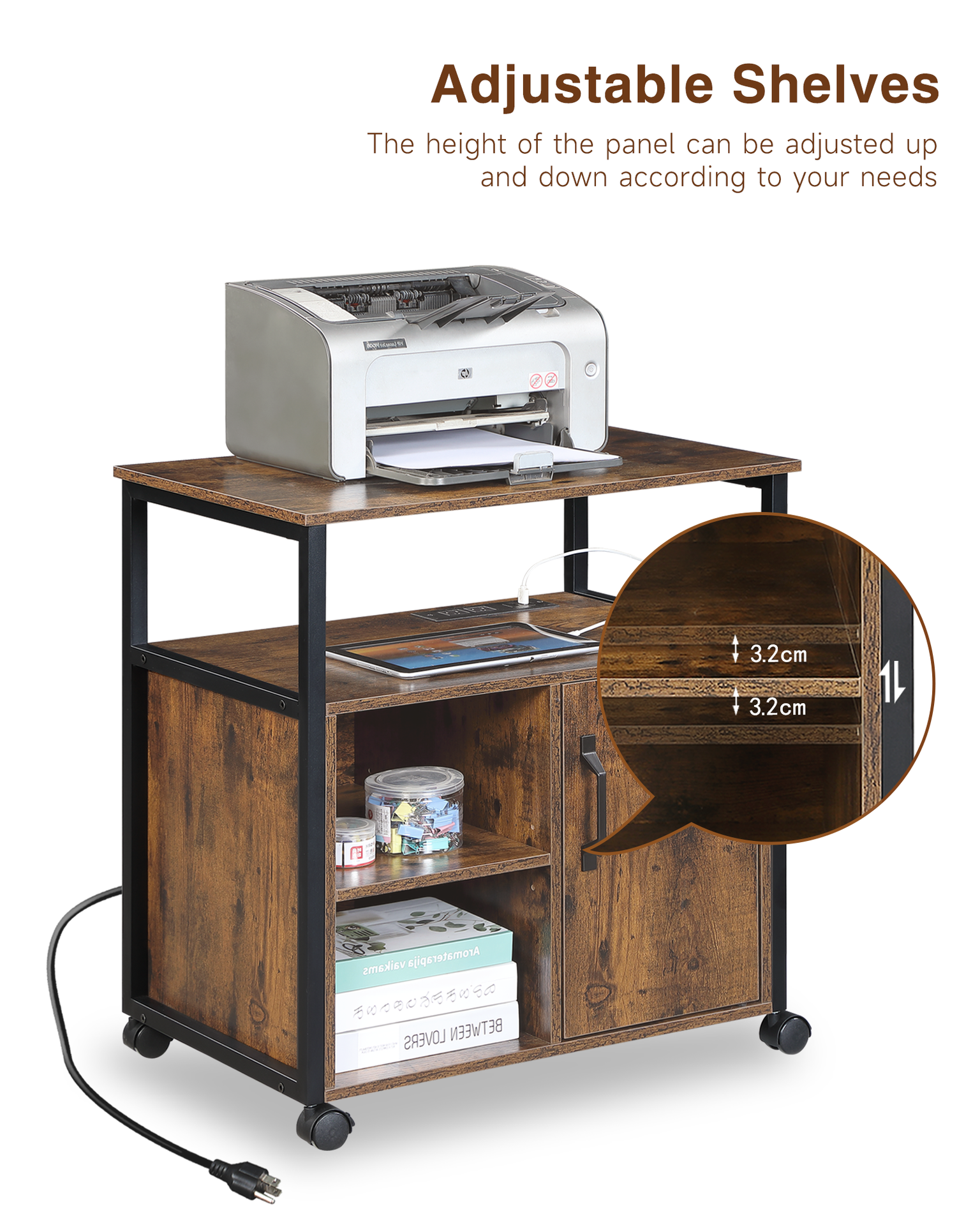 File Cabinet,Office Filing Cabinets with Socket and USB Charging Port,Printer Stand with Storage for A4, Letter Size,Metal Side Frame ,Easy Installationfor Home Office, Rustic Brown+Black
