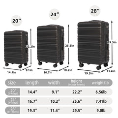 HIFINE TOURIST 20"/24"/28" 3 pcs/set in ABS Spinner Wheel Luggage, Carry on Suitcase, Matching Color, Combination Lock (Dark Gray)