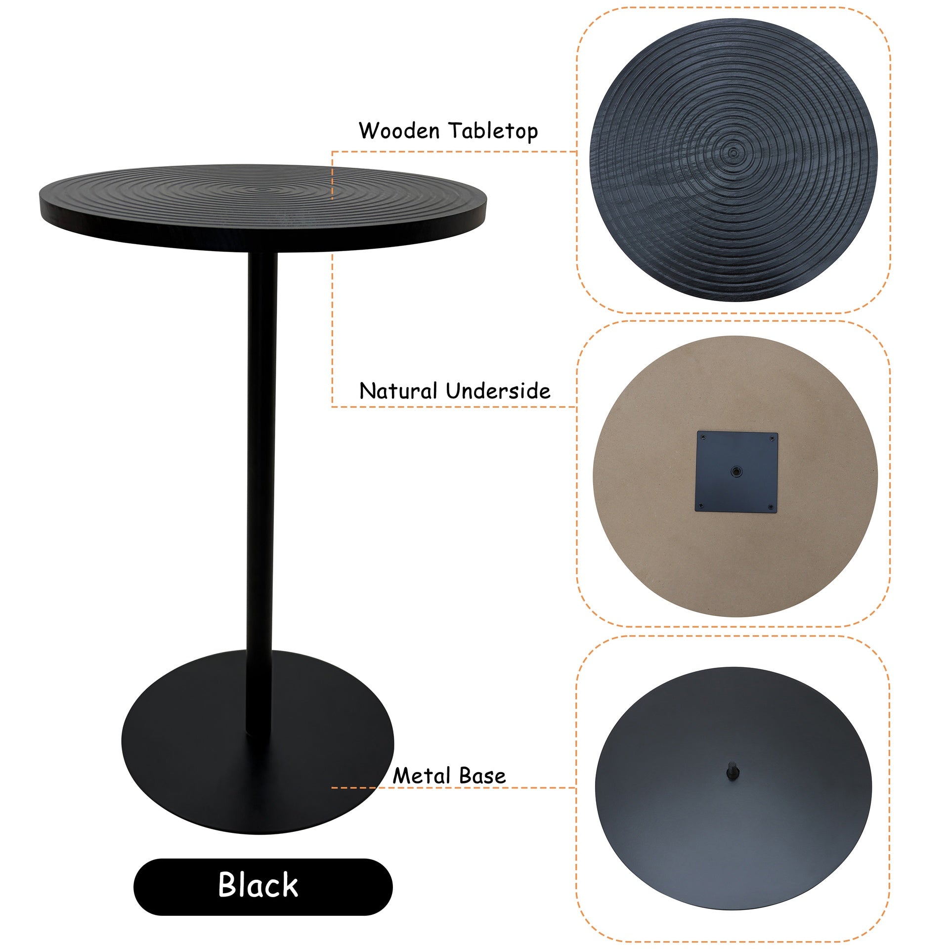 Set of 2 Small Round Side Table Wooden Concentric Circles Coffee Table for Two Metal Pedestal Nightstand for Corner Small Space (Walnut Brown & Black)