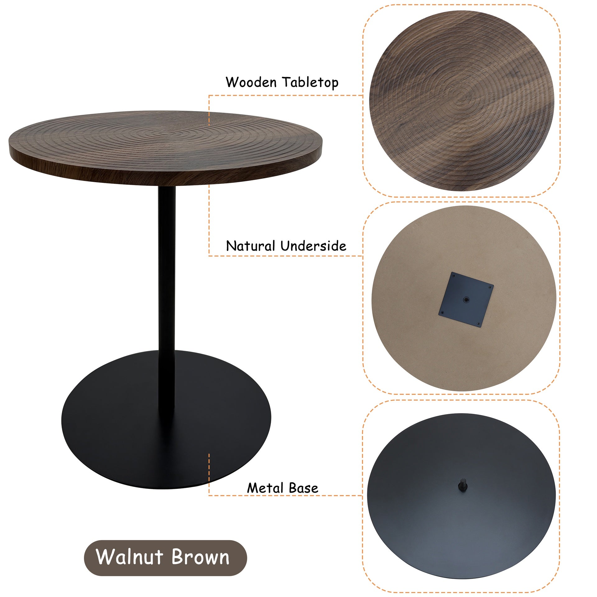 Set of 2 Small Round Side Table Wooden Concentric Circles Coffee Table for Two Metal Pedestal Nightstand for Corner Small Space (Walnut Brown & Black)