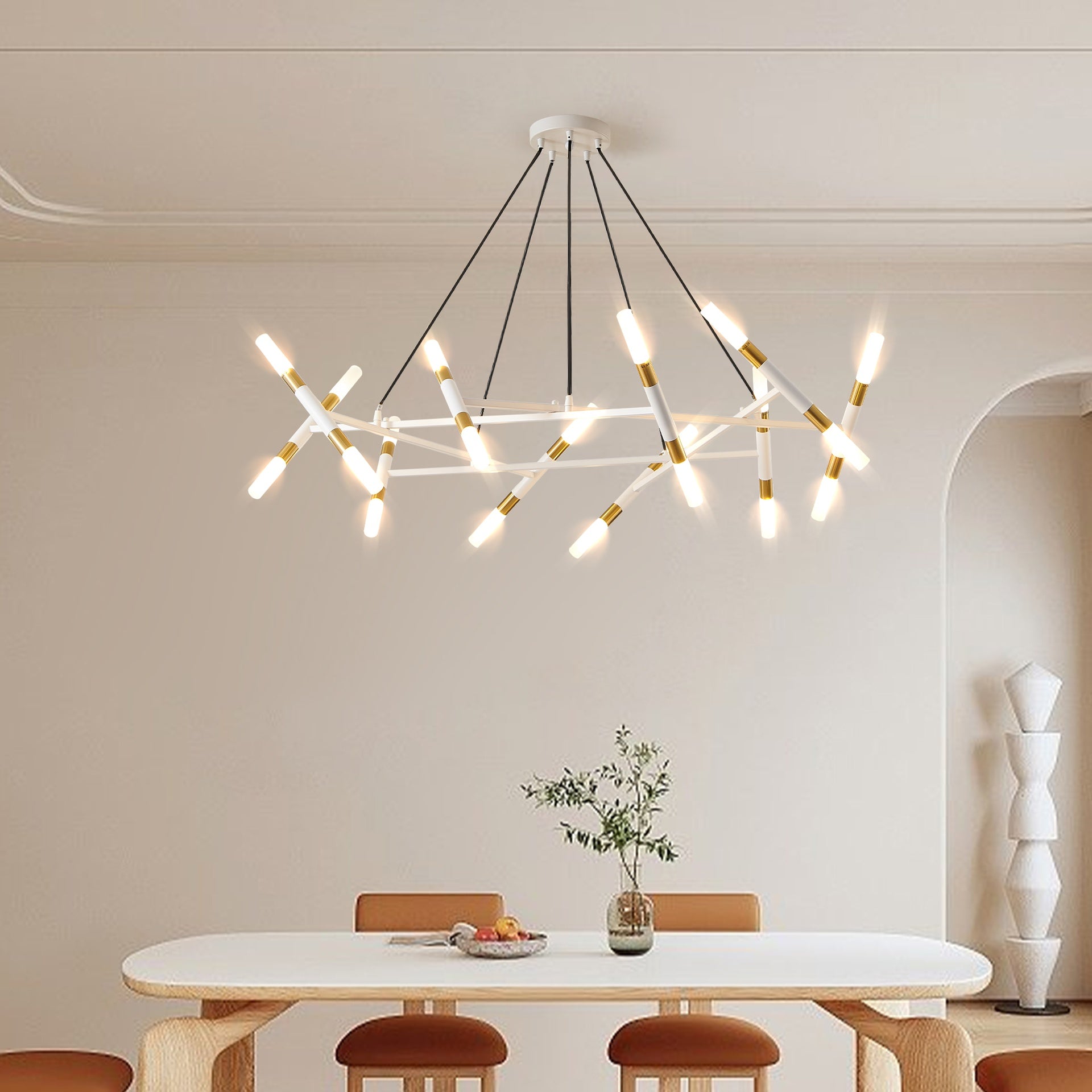 41" White & Golden Modern Chandelier Light Fixture, Branch Design with Frosted Tubes, Black Cords, Adjustable Height Pendant Light for Dining Room, Living Room, or Kitchen Island (Bulb Not Included)