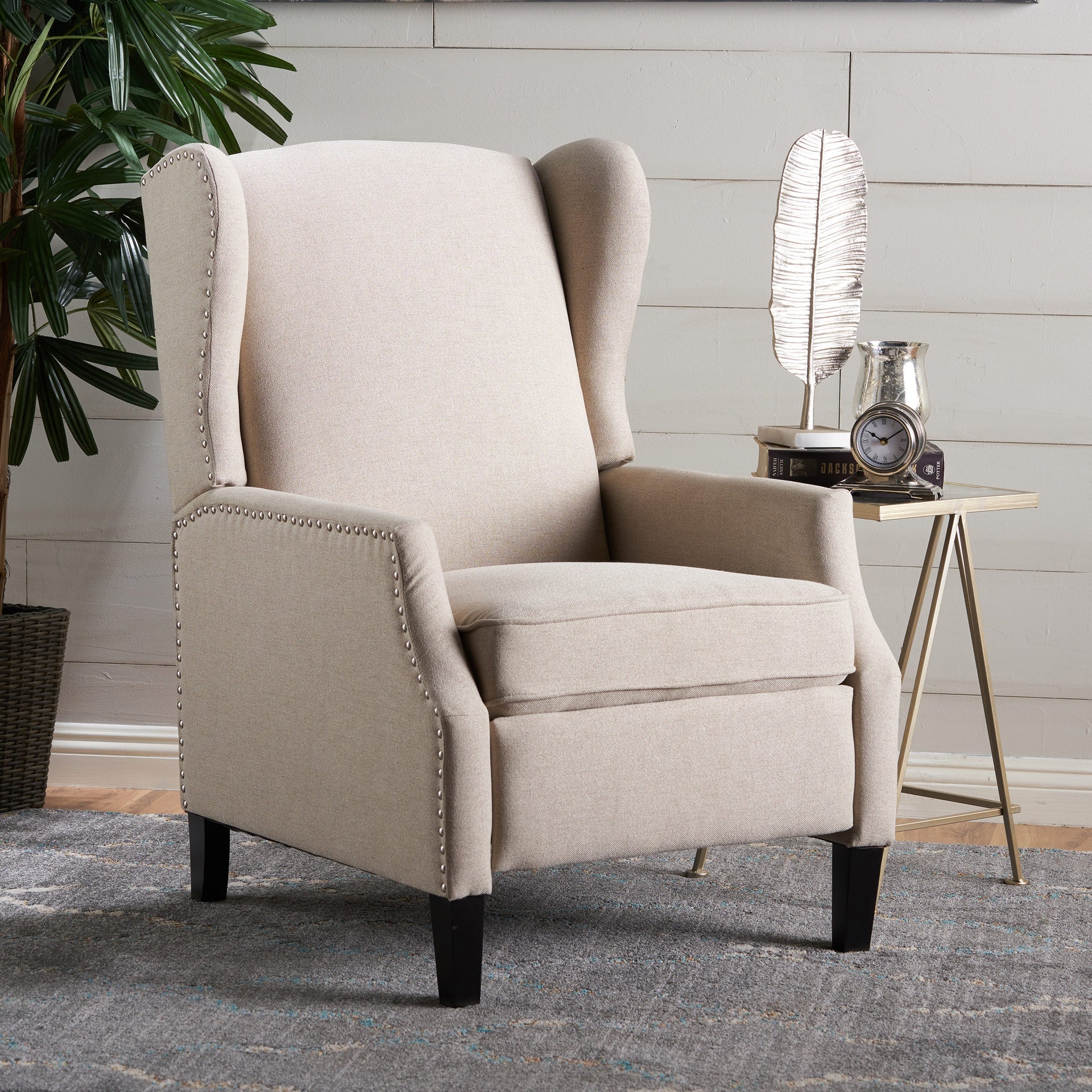 Pushback Recliner Chair, Modern Fabric Wingback Armchair with Nailhead Trim, and Wood Legs, Classic Living Room Recliner for Bedroom