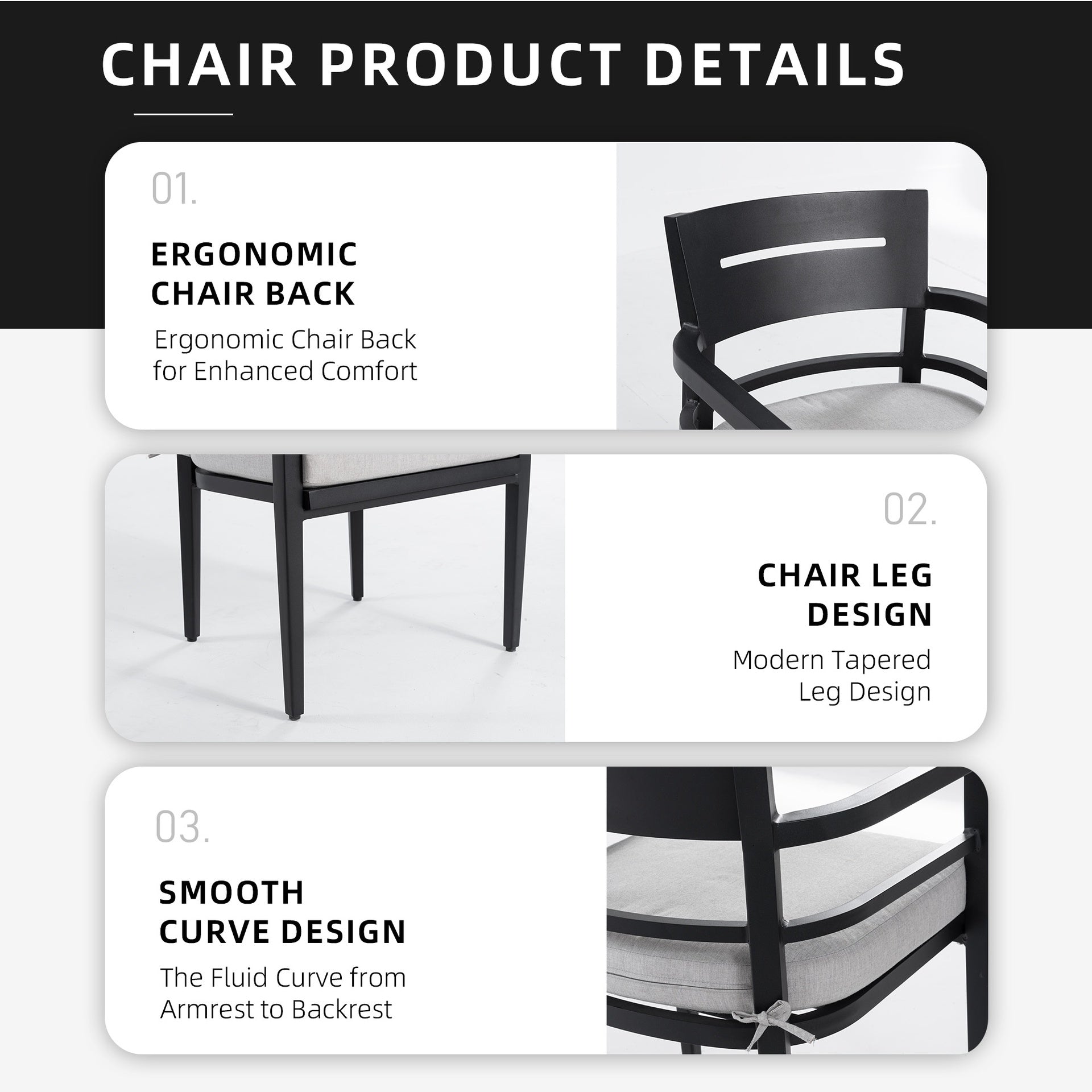 Outdoor Patio K/D Aluminum Stationary Dining Chairs 4PCS with Outdoor-grade Sunbrella Fabric Cushions, Tapered Feet, Ember Black