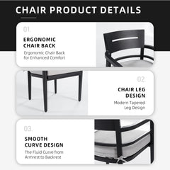 Outdoor Patio K/D Aluminum Stationary Dining Chairs 4PCS with Outdoor-grade Sunbrella Fabric Cushions, Tapered Feet, Ember Black