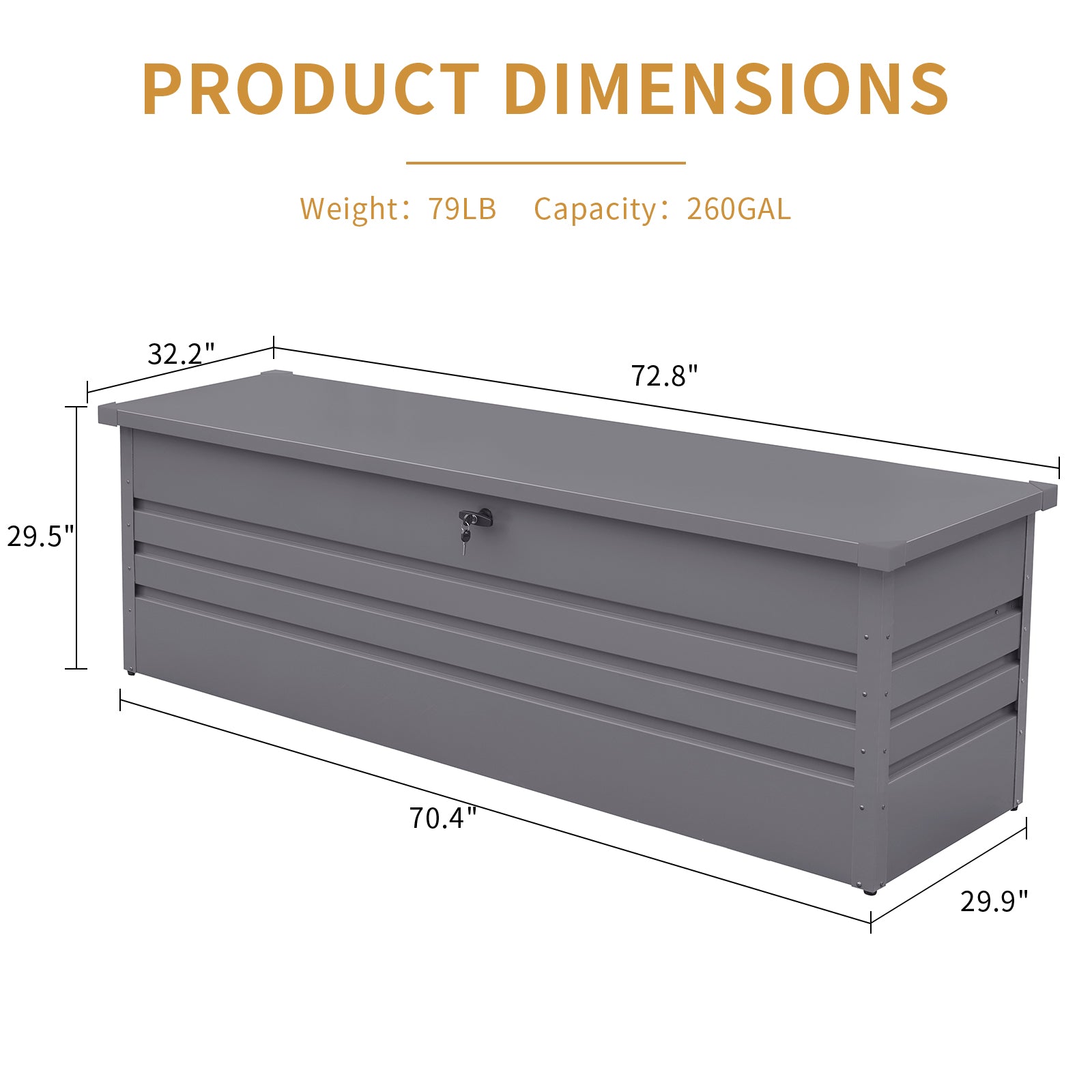 260 Gallon Metal Outdoor Deck Box Waterproof, Extra Large Patio Storage Box with Lockable Storage Containers for Patio Furniture Cushions, Pool Accessories, Garden Tools Light Gray
