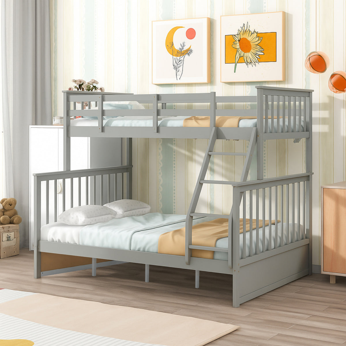 Twin Over Full Bunk Bed , Wooden Bunk Bed with Ladder and Safety Guard Rails –Gray