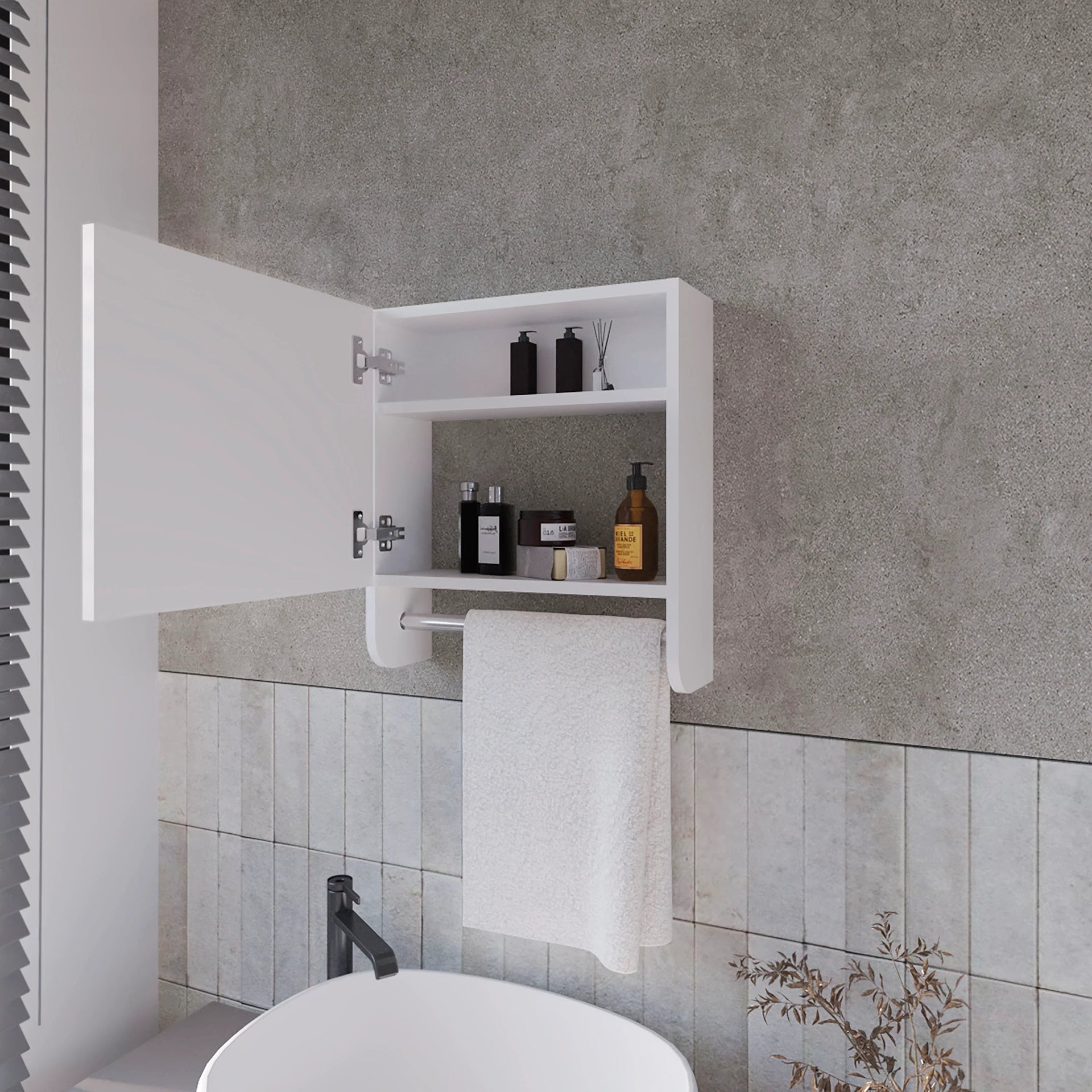 White Medicine Cabinet with Towel Bar and Included Mirror