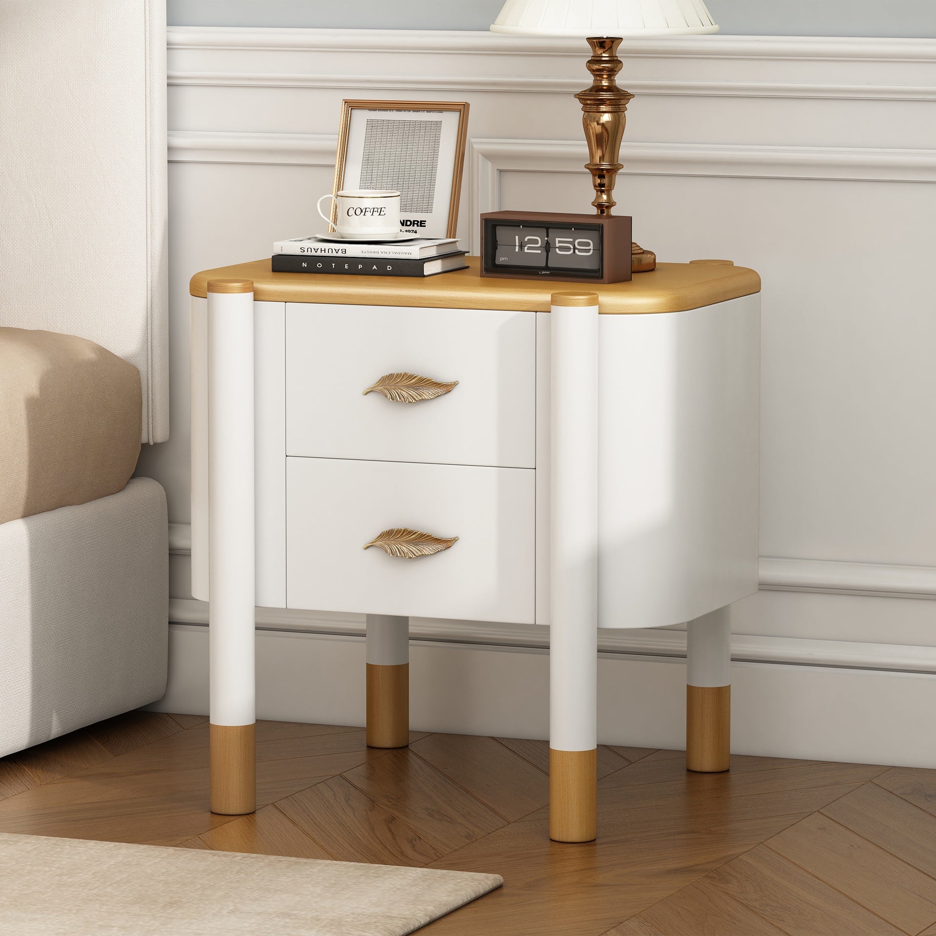 Contemporary 2 Drawers Nightstand with Curved Profile Design, Bedside Table with Metal Feather-Shaped Handles and Exposed Legs, End Table for Living Room and Bedroom, Easy Assembly, White