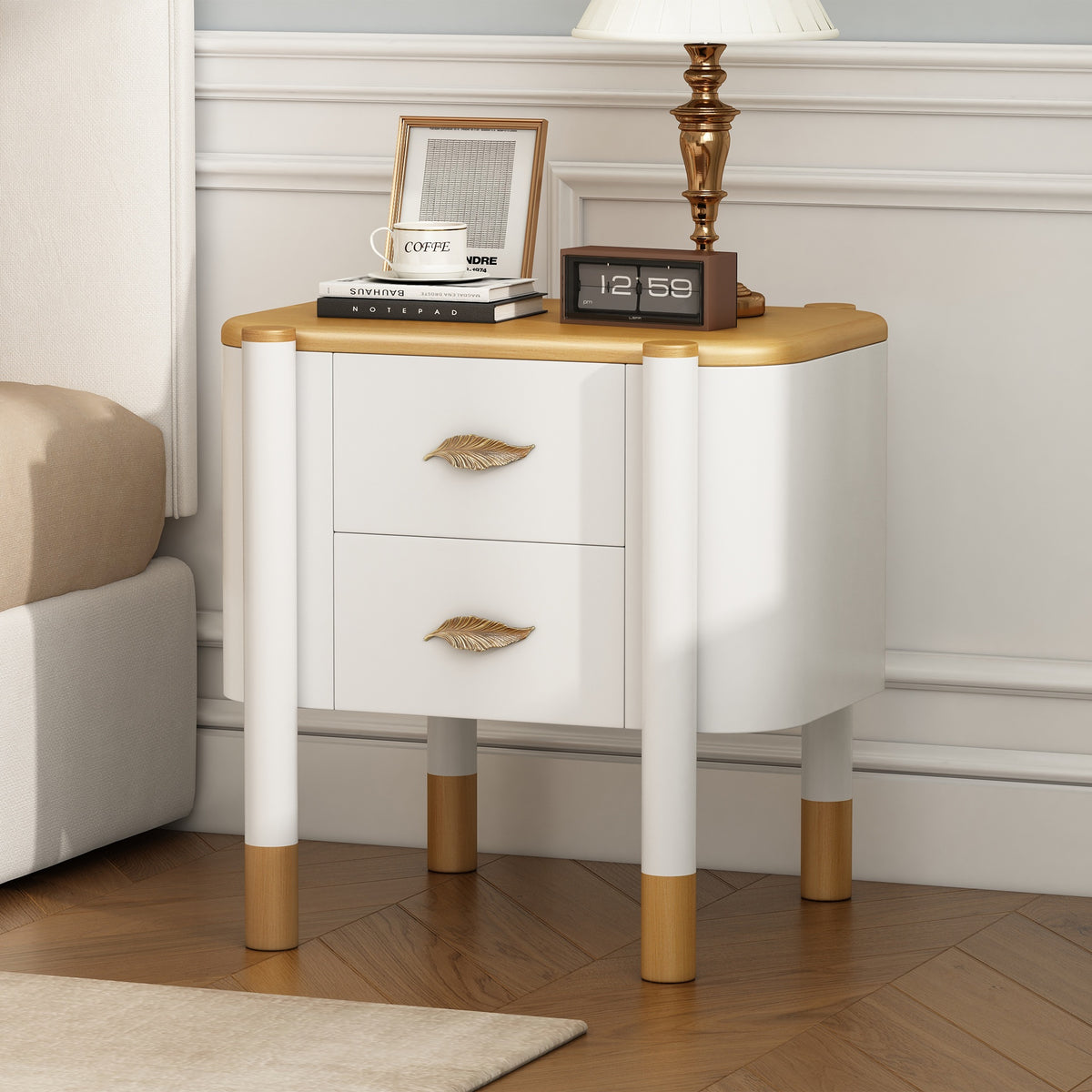 Contemporary 2 Drawers Nightstand with Curved Profile Design, Bedside Table with Metal Feather-Shaped Handles and Exposed Legs, End Table for Living Room and Bedroom, Easy Assembly, White