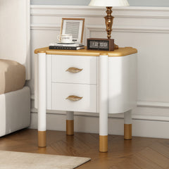 Contemporary 2 Drawers Nightstand with Curved Profile Design, Bedside Table with Metal Feather-Shaped Handles and Exposed Legs, End Table for Living Room and Bedroom, Easy Assembly, White