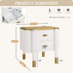 Contemporary 2 Drawers Nightstand with Curved Profile Design, Bedside Table with Metal Feather-Shaped Handles and Exposed Legs, End Table for Living Room and Bedroom, Easy Assembly, White