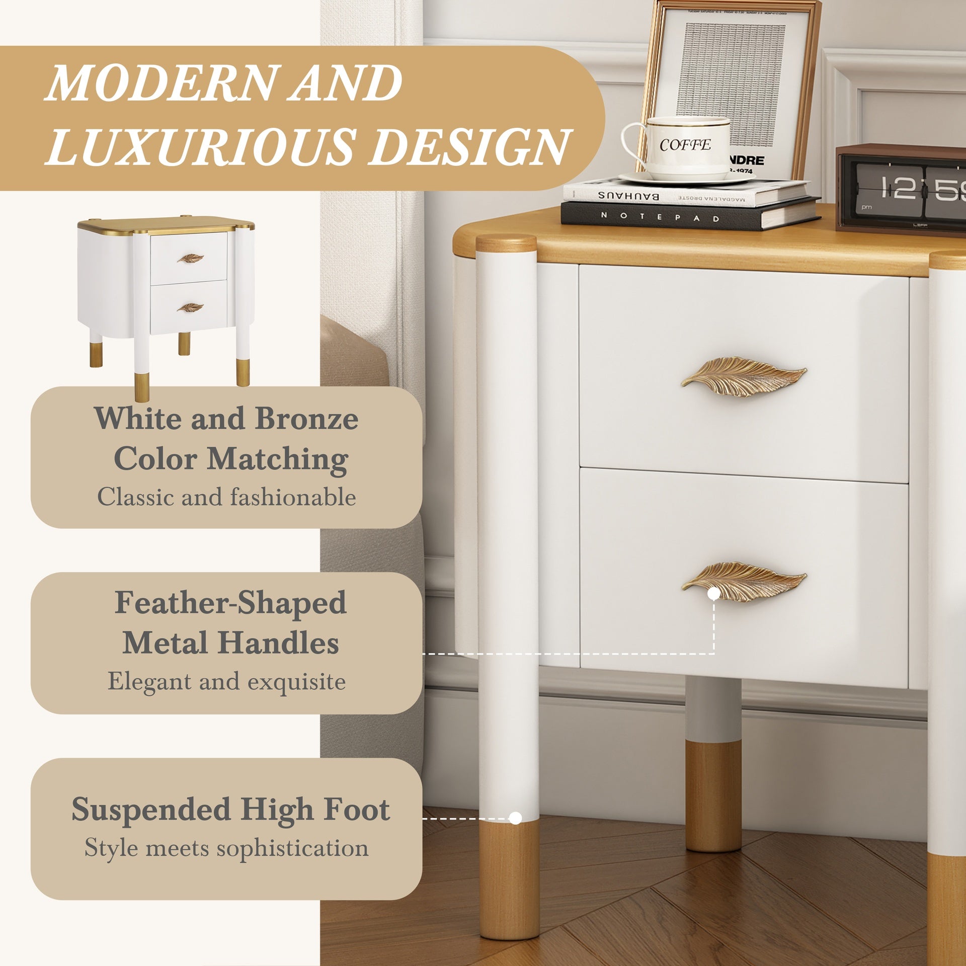 Contemporary 2 Drawers Nightstand with Curved Profile Design, Bedside Table with Metal Feather-Shaped Handles and Exposed Legs, End Table for Living Room and Bedroom, Easy Assembly, White