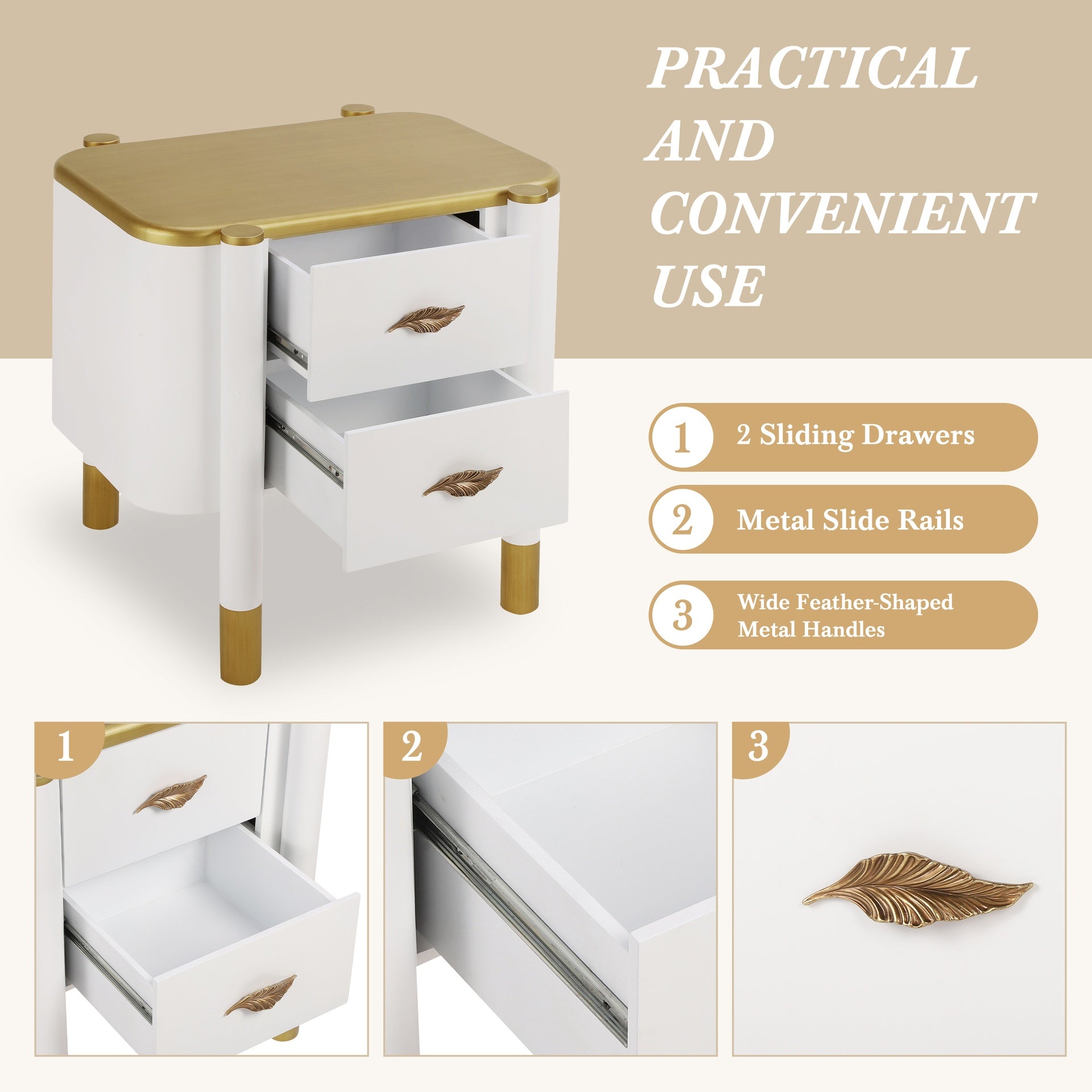 Contemporary 2 Drawers Nightstand with Curved Profile Design, Bedside Table with Metal Feather-Shaped Handles and Exposed Legs, End Table for Living Room and Bedroom, Easy Assembly, White