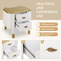 Contemporary 2 Drawers Nightstand with Curved Profile Design, Bedside Table with Metal Feather-Shaped Handles and Exposed Legs, End Table for Living Room and Bedroom, Easy Assembly, White