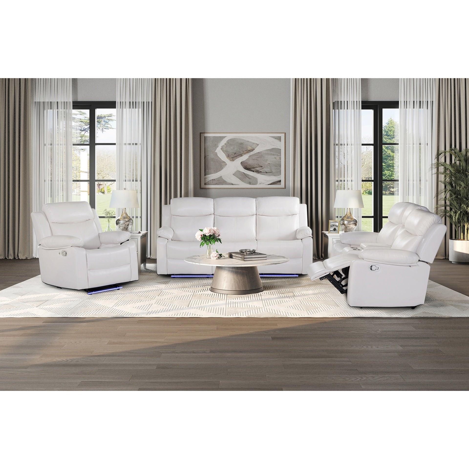 Blanche White 3PC Reclining Sofa and Loveseat-with speaker and Recliner with LED Lights
